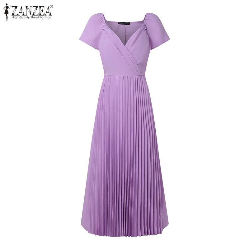 

ZANZEA Elegant Women V Neck Short Sleeve Slim Waist Casual Pleated Midi Office Dress S фіолетовий