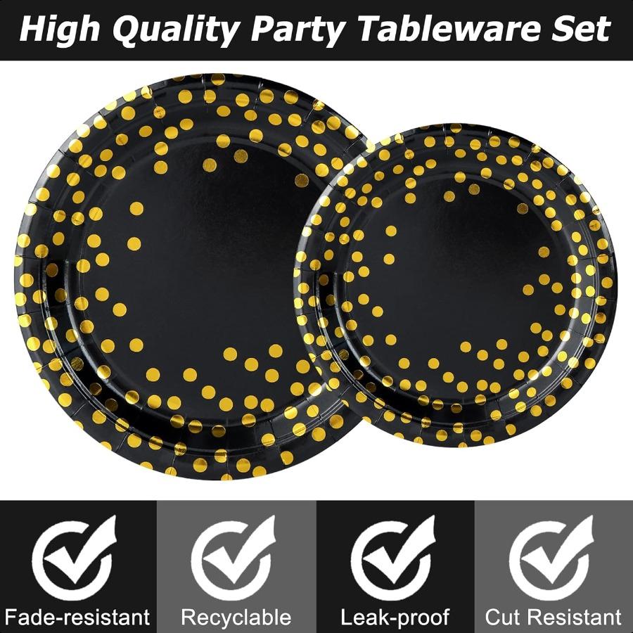 176 Pieces Black Gold Party Dinnerware Set Black Golden Dot Disposable Party Dinnerware Plate 7" 9"Napkins Cups Paper Gold Plas
