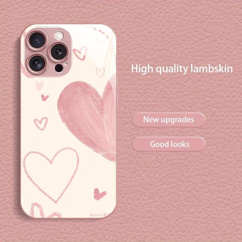 Fashion Simple Love Heart Pattern Metallic Paint Glass Phone Case For iPhone 17 Pro Max 11 12 13 14 15 16 Plus 17 Air 16E Cover