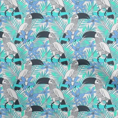 Bavlna Flex Aqua Modrá Tkanina Tropická Květinová s ptáčky Udělej si sám Oblečení Prošívání Látka Tisk Fabric by Yard 40 Inch
