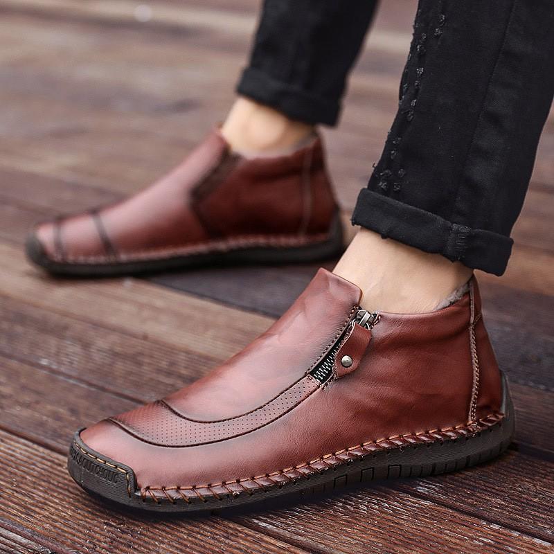 Mens Casual Leather High-Top Loafers With Soft Rubber Sole Slip-On Comfort Shoes Daily Wear