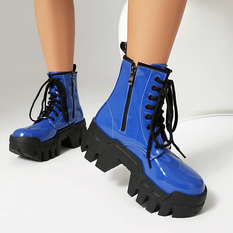 Plus Size Sponge Cake Heel Thick Sole Rubber Glossy Patent Leather Short Boots Lace Up Zipper Height Increasing Women's Boots