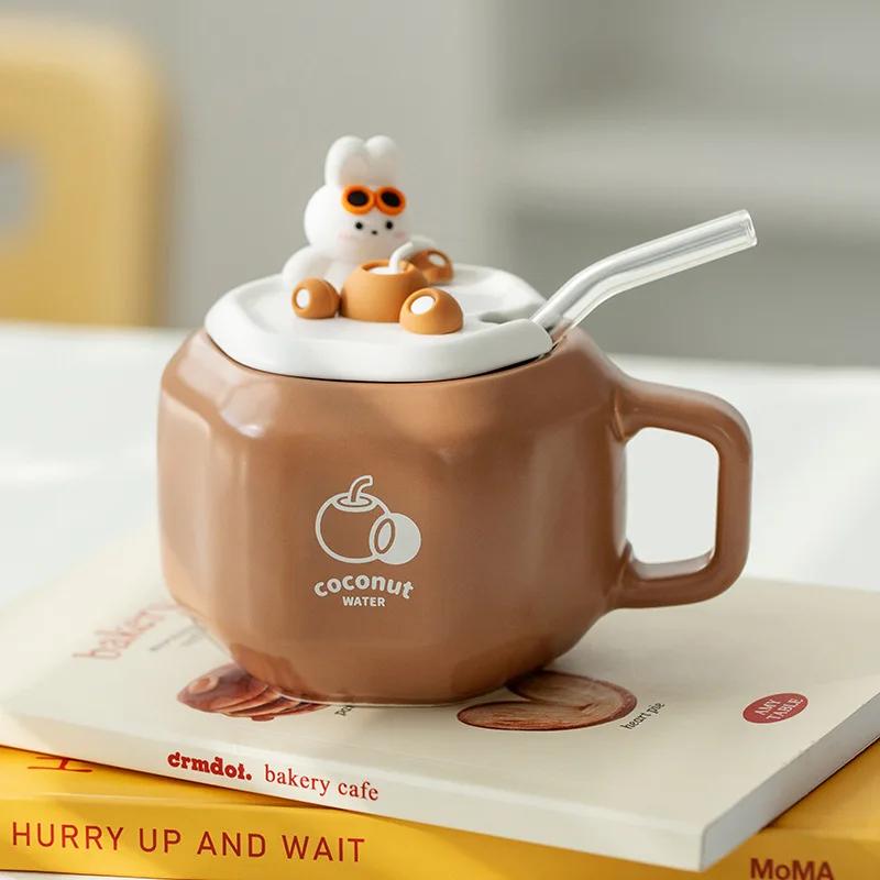 

Cute Rabbit Ceramic Mug With Cap Advanced Straw Cup Coffee Mugs Free Shipping Personalized Gifts Thermo Coffee Cup to Carry Cups 380ml