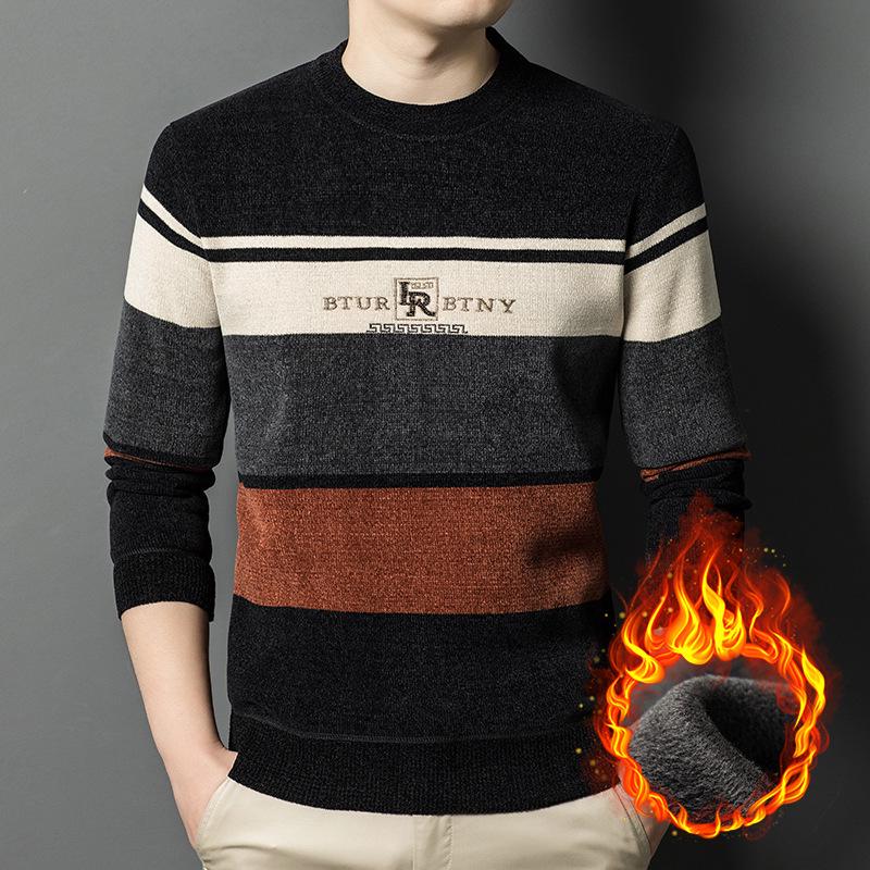 Men's Winter Chenille Sweater - Round Neck, Warm Velvet-Lined, Thick Knit Base Layer for Middle-Aged Men