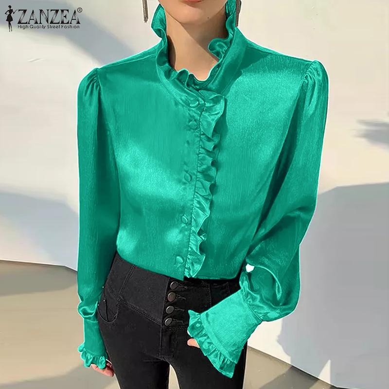 

ZANZEA Женские повседневные блузки с воротником-стойкой и длинными рукавами