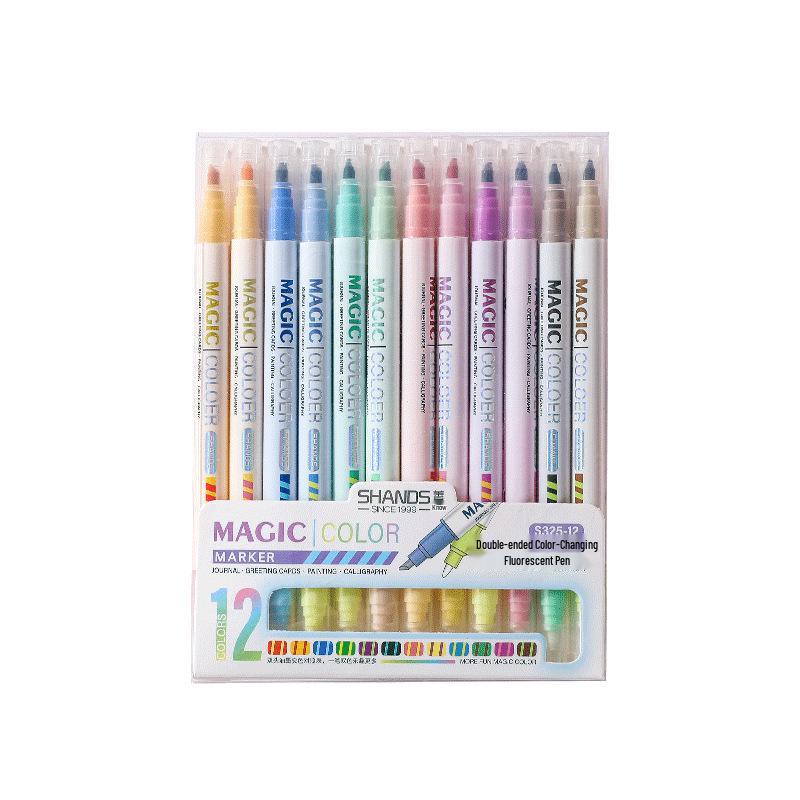 Shan Zhi Double-Headed Color-Changing Fluorescent Highlighter Pen - 12 Colors for Students