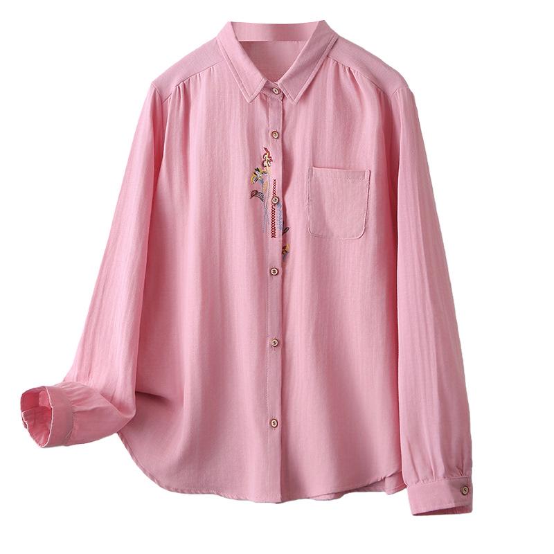 2026 Spring Plus Size Women's Long Sleeve Embroidered Cotton Cardigan Shirt for Curvy Women