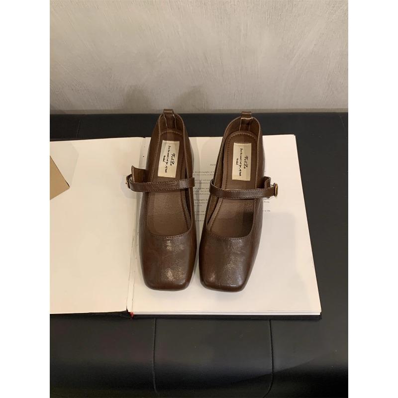 Retro square head light mouth thick heel single shoes female spring and autumn new fairy soft leather Mary Jane small leather shoes