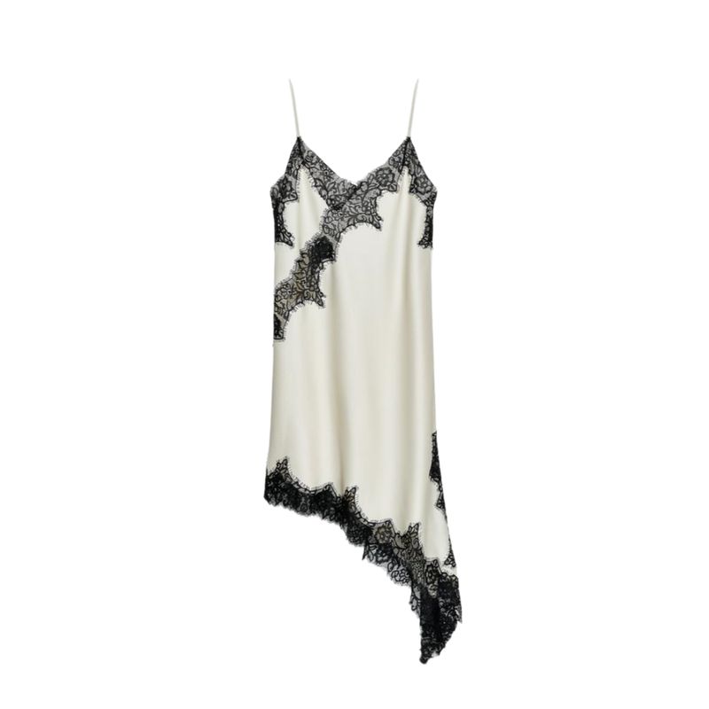 Summer New Arrival Women Clothes Sexy Style V-neck Sleeveless Silk Satin Texture Lace Asymmetric Dress 5919200