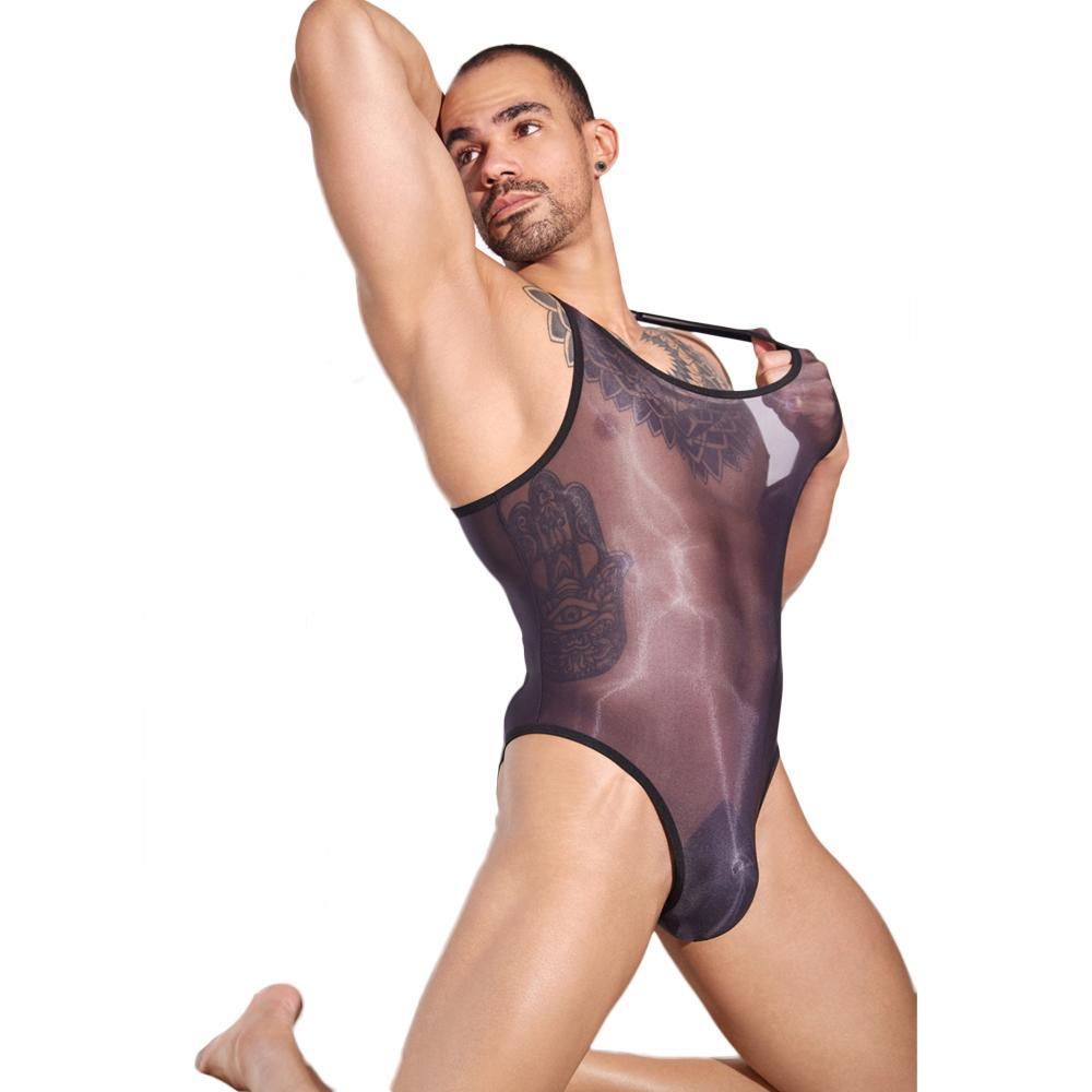 Sexy Men High Cut Bodysuit Oil Shiny Sheer See Through Bodysuit Open Crotch Sexy Tights Elastic Maid Shaping Gay Leotard