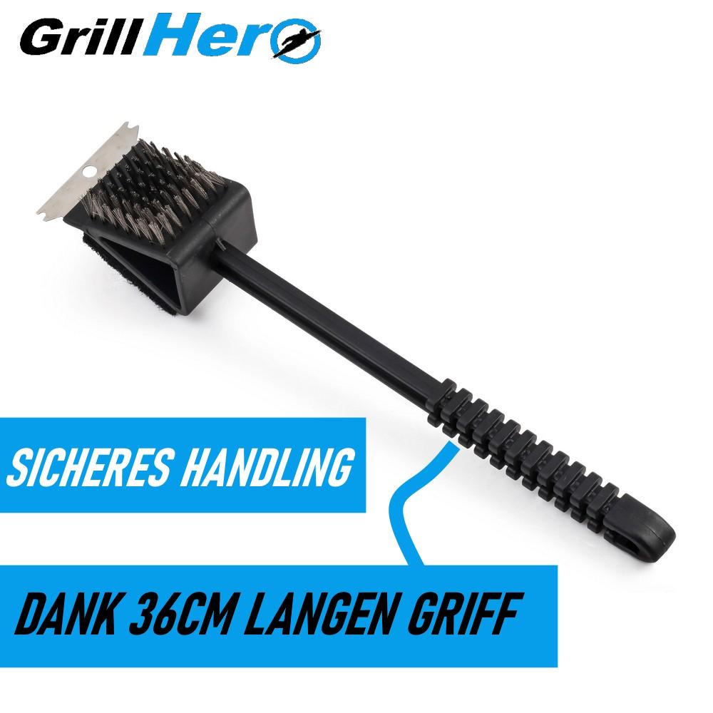 GRILLHERO 3in1 Grillreinigungsbürste Profi Grillbürste Grill Grillrost rostfrei