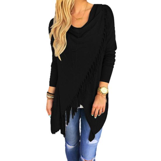 Women's Tassel Hem Shawl Cardigan Asymmetric Hem Pullover Poncho Coat Fringed Cowl Neck Wrap Cape Outerwear