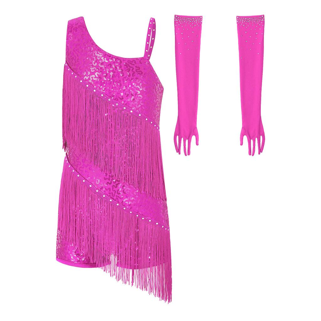 Children‘s Sparkly Rhinestone Latin Outfit Sleeveless Asymmetric Neck Sequin Tassel Bodysuit and Mesh Gloves for Stage Performance