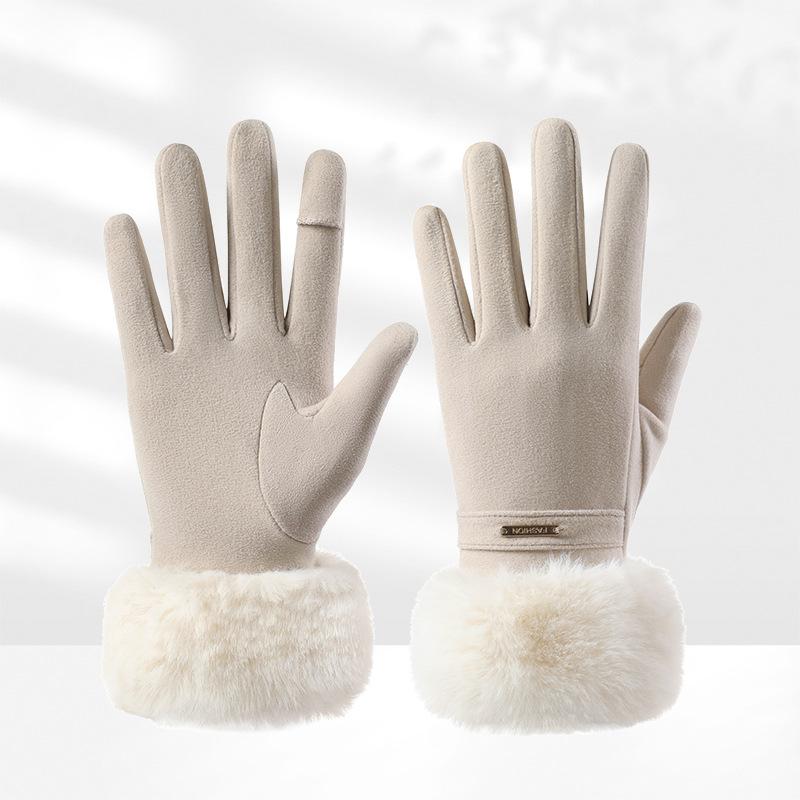 

Теплые перчатки для женщин на зиму, ветрозащитные и холодозащитные, утолщенные плюшем, модные, милые, с пальцами, для верховой езды, бархатные, с сенсорным экраном, теплые перчатки