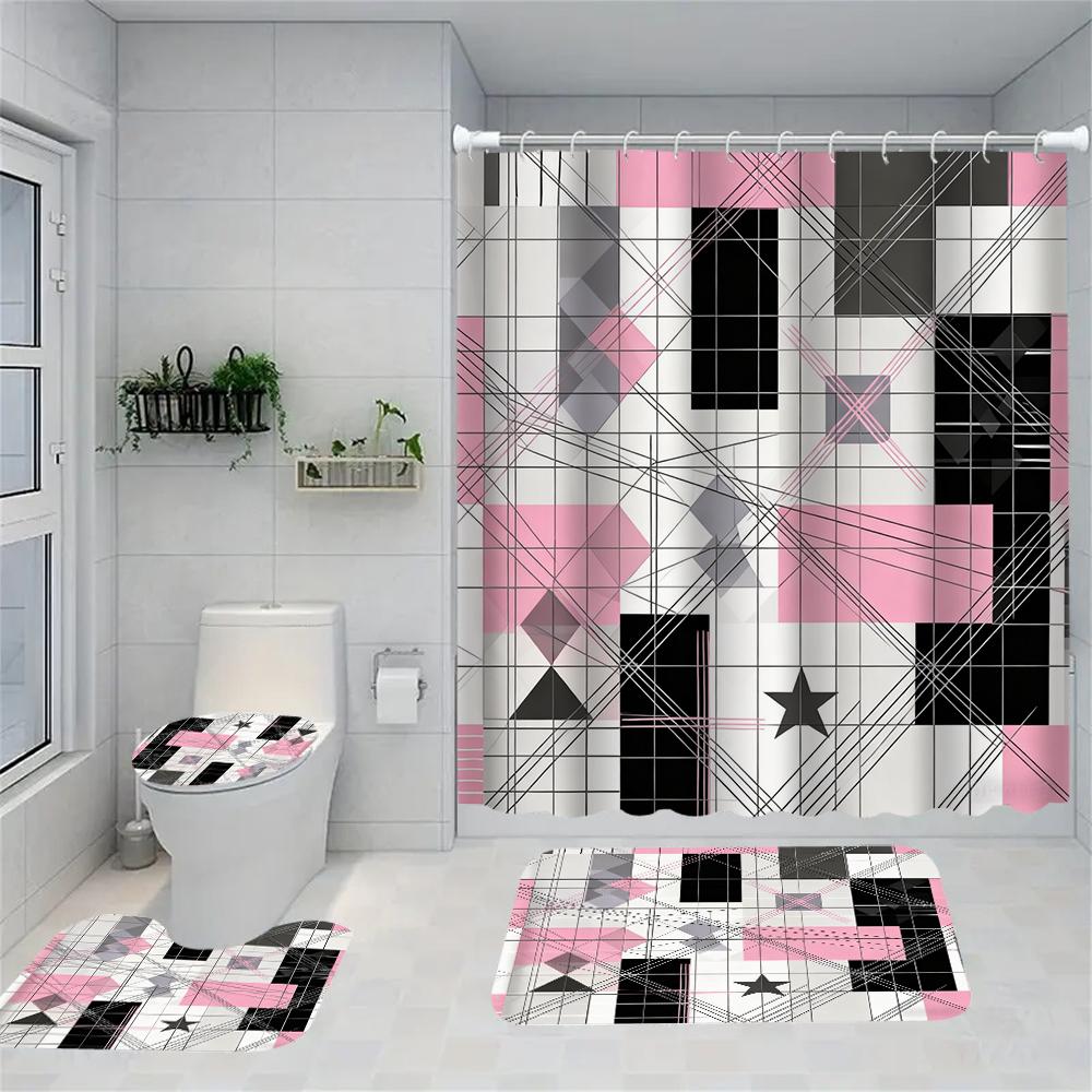 1/4 Geometric grid  print shower Curtains, Toilet Seat Decoration, Shower Curtain with Carpet and Toilet Lid, 70.8x70.8 inch