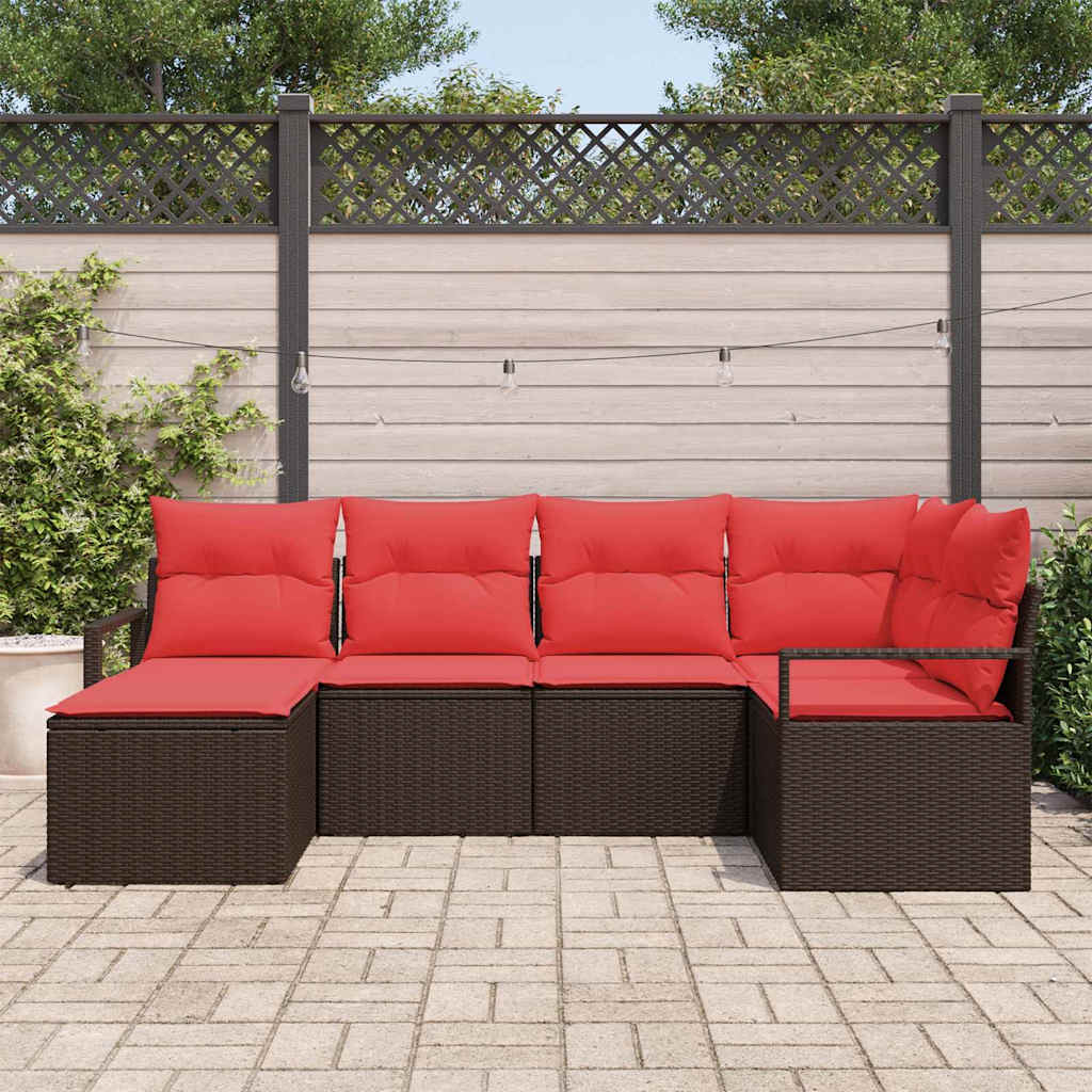 Sofa Set with Cushions 6 pcs Brown and Red Poly Rattan