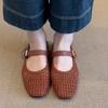 Sheepskin Version Niche Hollow Retro Woven One-word Strap Single Shoes Women's Summer New Flat Mary Jane Shoes Hole Shoes