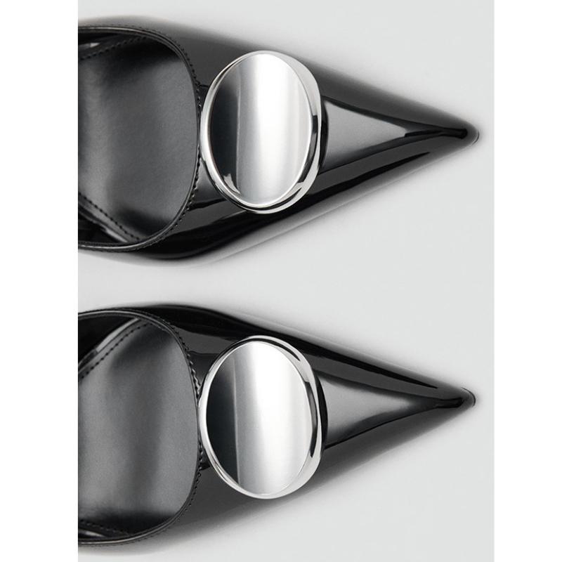 Fashion Metal Decoration Slingback Heels Women Sexy Black Pointed Toe Back Strap Stiletto Sandals Luxury Banquet Designer Shoes