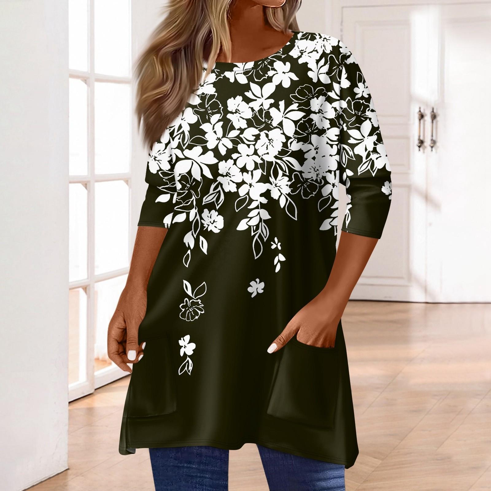 

3/4 рукава кармана топы для женщин футболка повседневный принт средней длины топы футболка круглый вырез пуловер блузка L армия зеленый