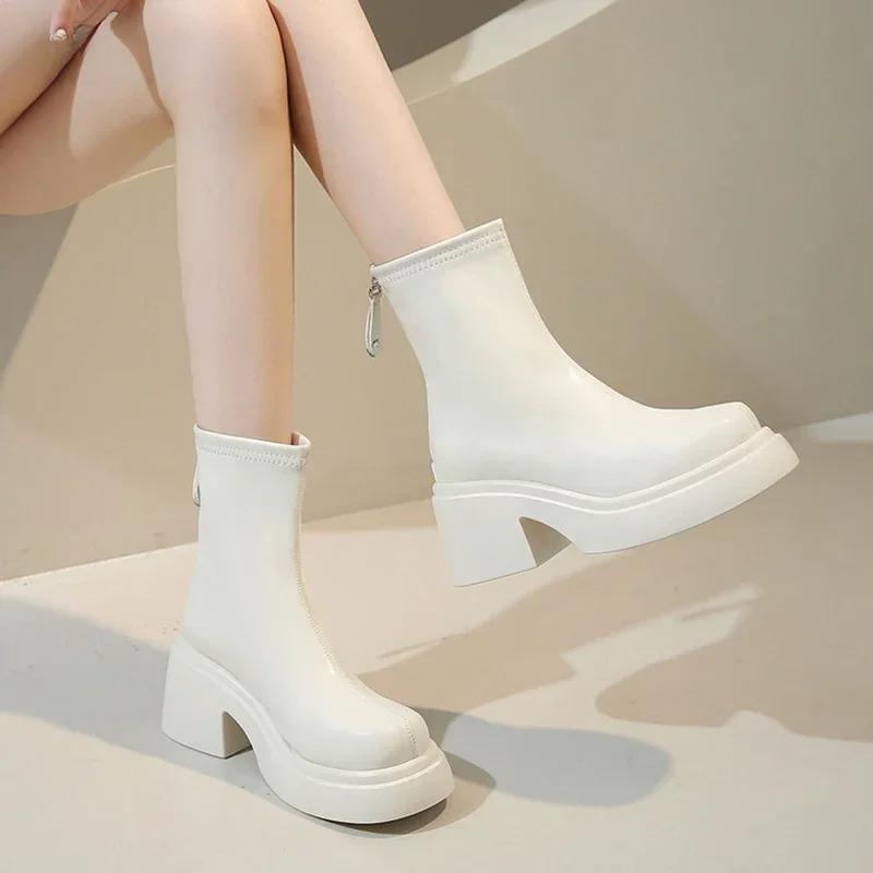 High Quality Thick Bottom Ankle Boots for Women Spring Autumn Fashion Black White Women's Shoes New High Heels Botas Para Mujer