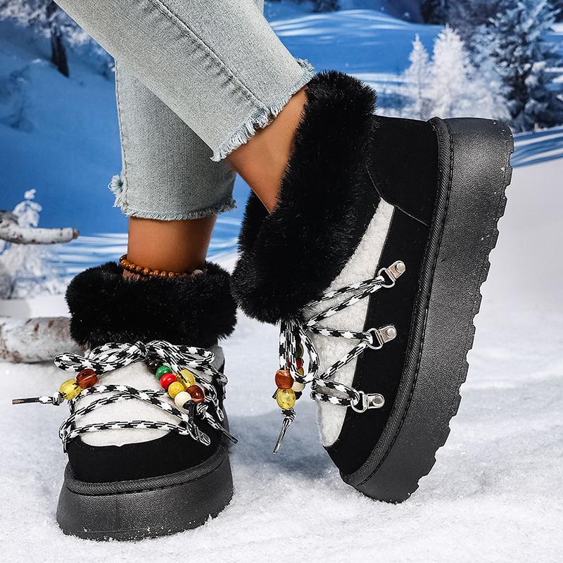 Fashion Fluffy Platform Snow Boots Women Winter 2025 String Bead Decor Faux Fur Cotton Shoes Woman Thick Plush Warm Ankle Boots