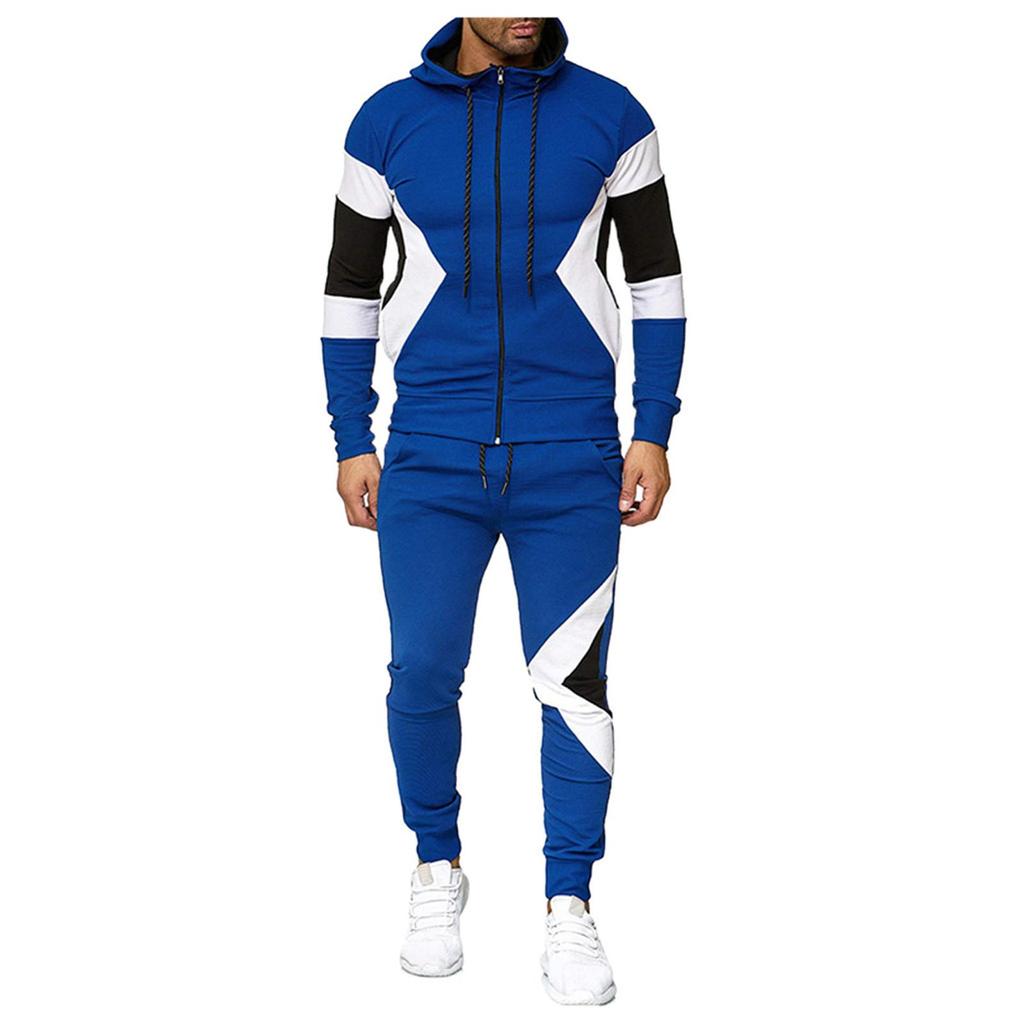 Men's Fashion Leisure Color Patchwork Sports Fitness Hoodies Pants Suit