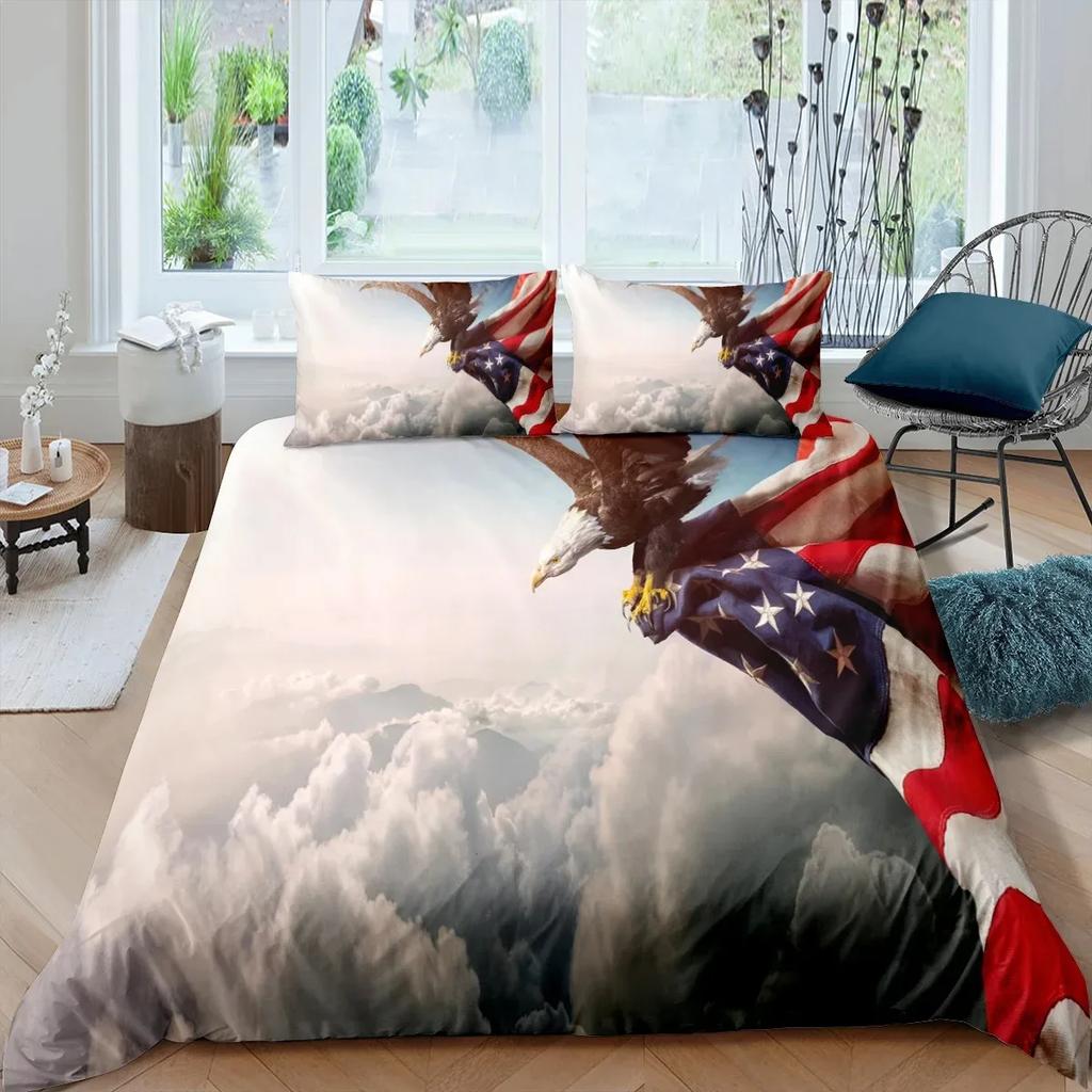 American Flag Duvet Cover Set Queen Size,Bald Eagle Bedding Sets Bird Animals Comforter Cover Waving Flag Bedspread Cover