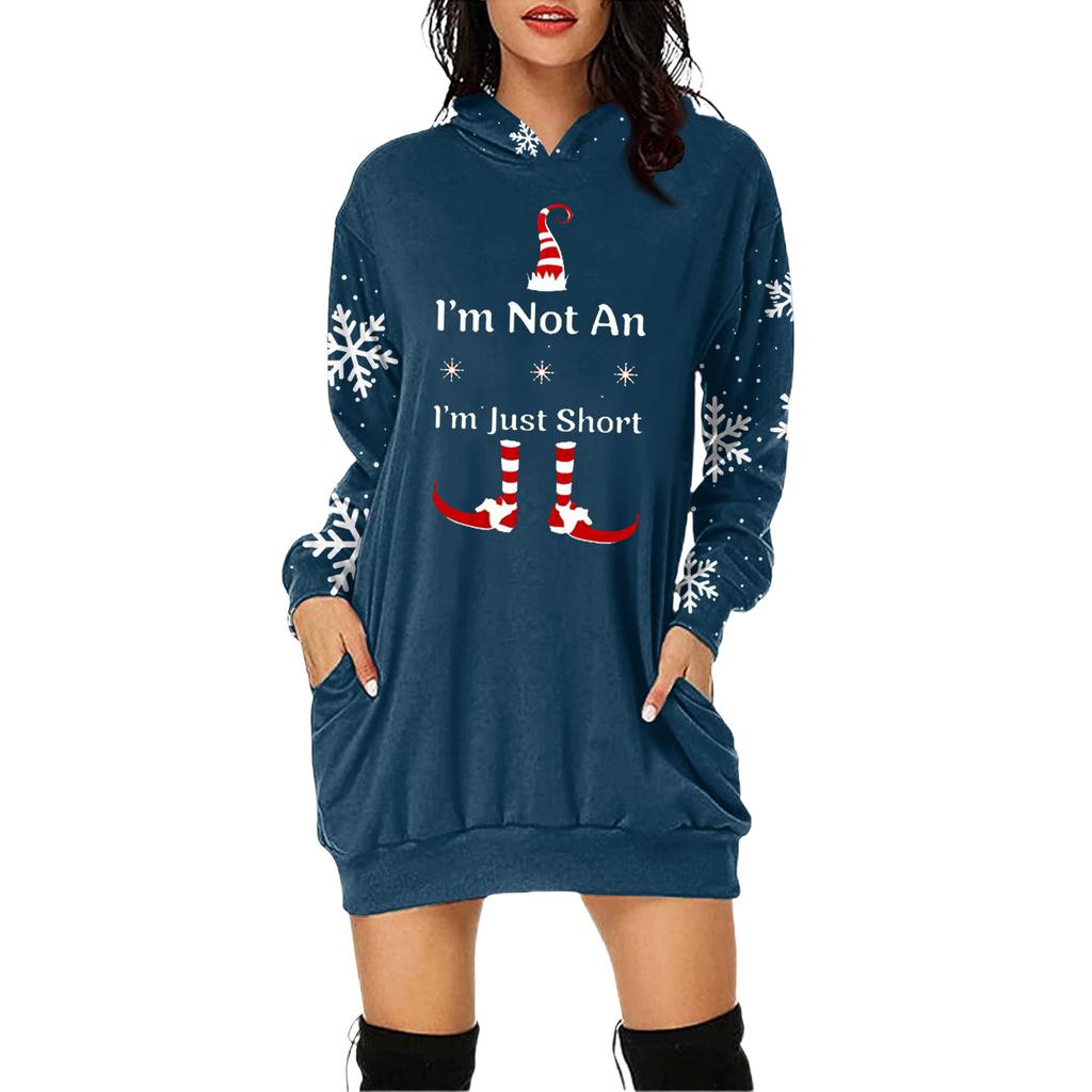 Women's Christmas Print Long-Sleeved Hooded Pocket Pullover Dress