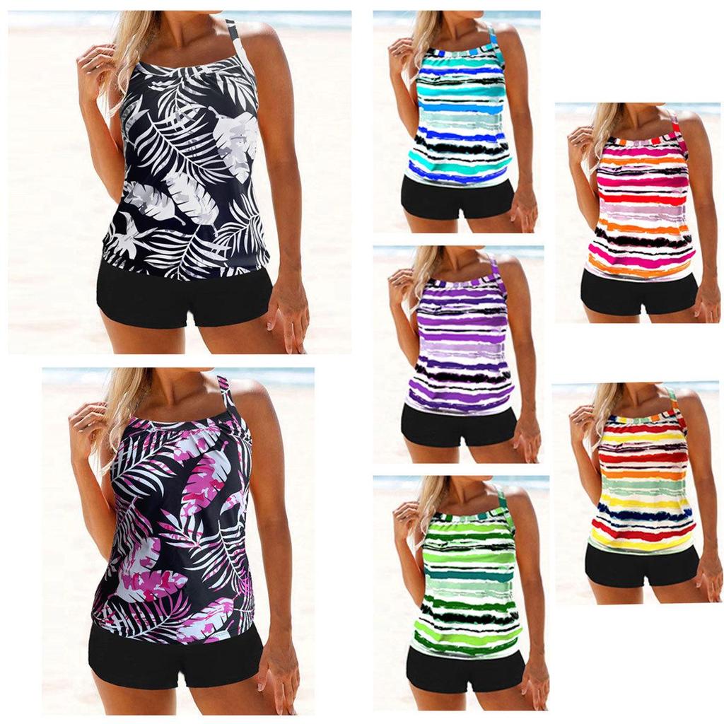 2024 Europäischer & Amerikanischer Stil Damen Sexy Konservativer Tankini mit Bedruckten Flachbein-Shorts