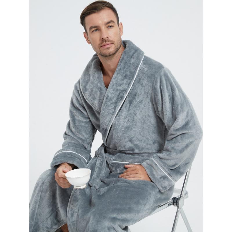 Men's Shawl Collar Robes Full Length Fleece Plush Bathrobes Soft Spa House Coat with Pockets Fluffy Spa Robes Winter Warm Flannel Long Robe for Men