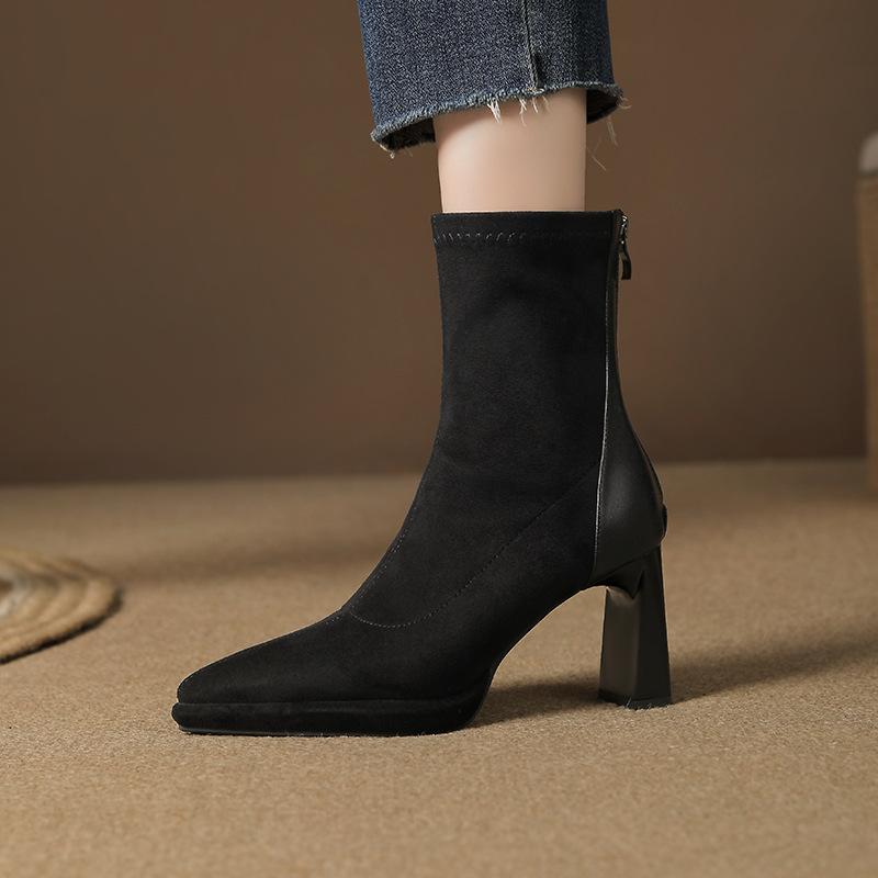 Black suede leather splicing short boots women's high heel British versatile elastic boots temperament thin boots autumn and winter new