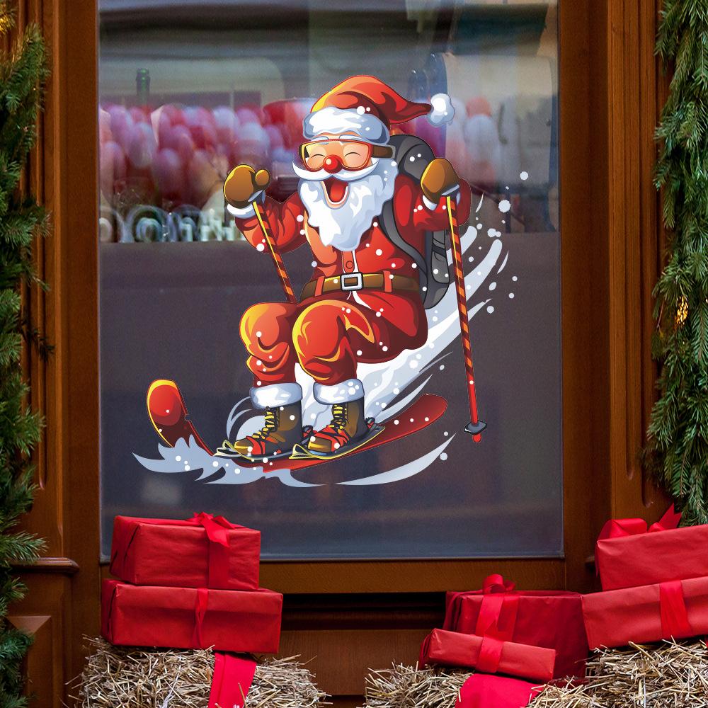 Christmas Ski Santa Claus Glass Window Doors Home Beautification Window Stickers Self-adhesive