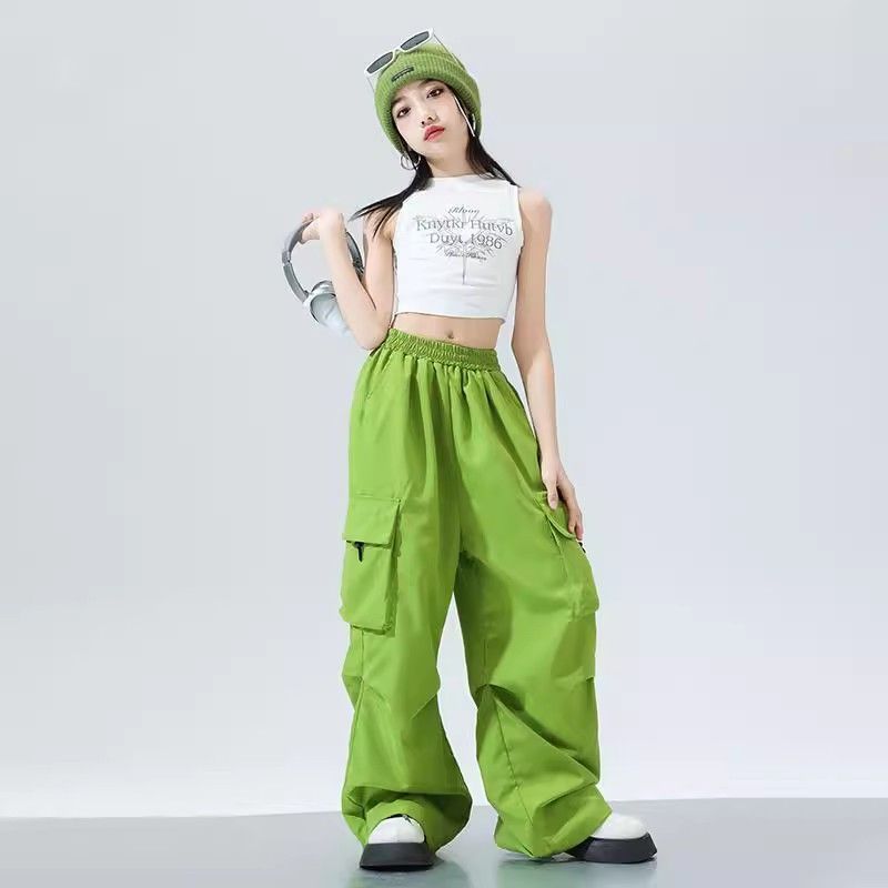 

Children s pants summer thin girls straight overalls medium and older children s spring and autumn trendy cool jazz hip-hop wide-leg pants 170