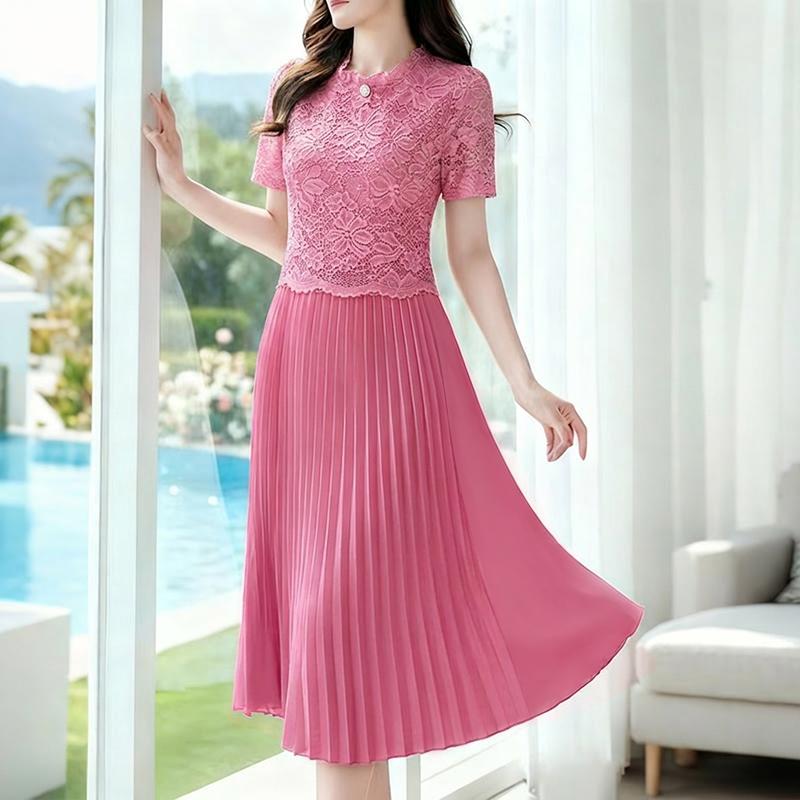 ZANZEA Women Casual Round Neck Short Sleeve Lace Patchwork Dress