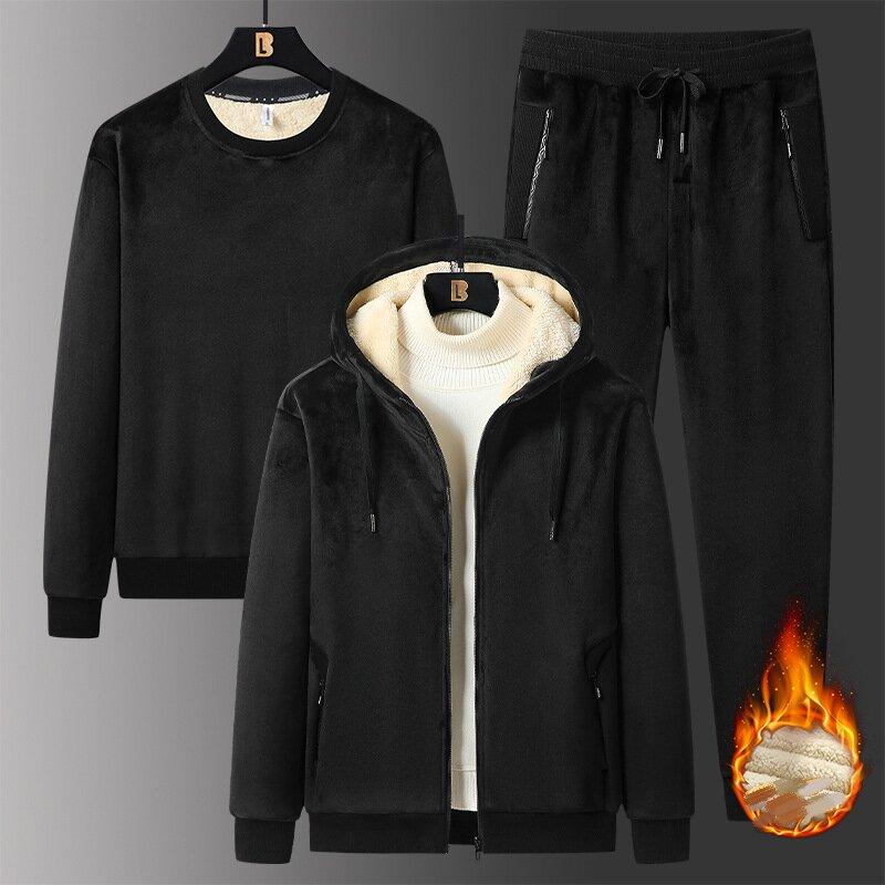 Men's Winter Weight Up and Size Up Set Men's Gold Velvet Hoodie, Lamb Velvet Sweater, Casual 3-Piece Set
