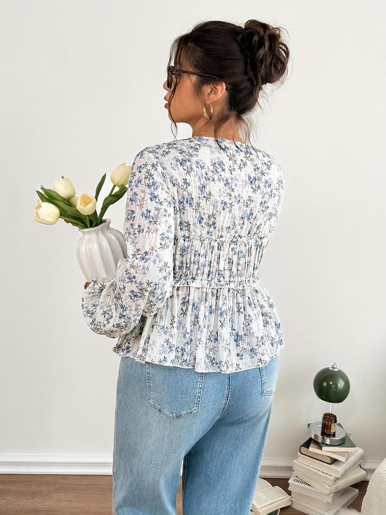 Bohemian Floral A-line Skirt Top with V-neck and Shirred Waist (2025)