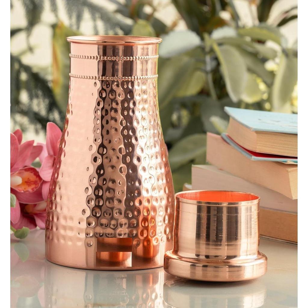 Pure Copper Bedroom Water Bottle with Inbuilt Glass, Hammered Shine Design, Drinkware and Storage Purpose, 950 Ml (Pack of 1)