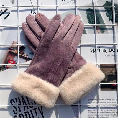 Luvas térmicas de camurça femininas para viagens ao ar livre com bordado e tela sensível ao toque Luvas de cabelo grande femininas