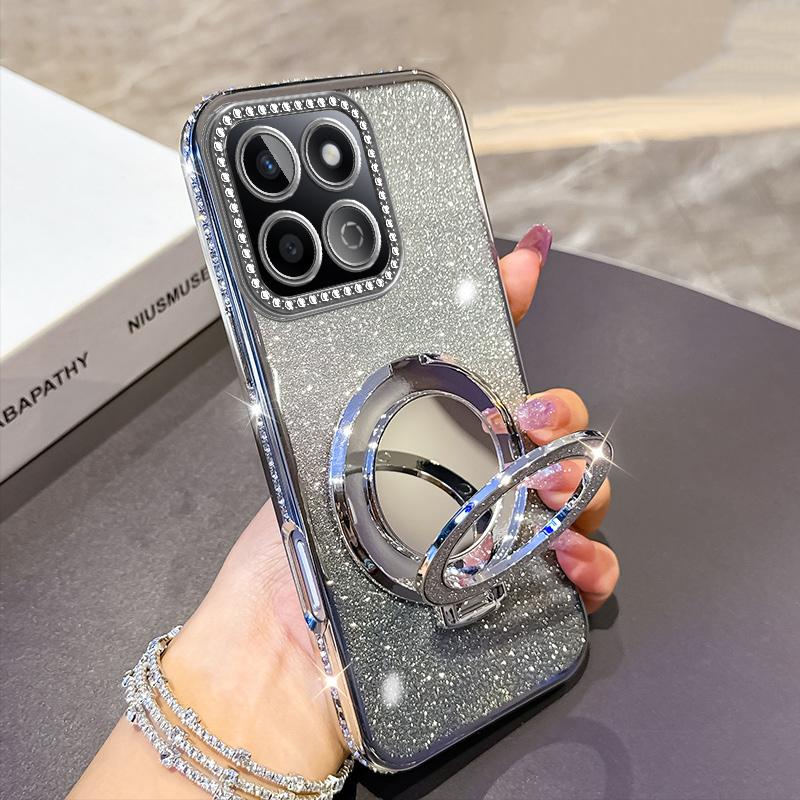 KEYSION Glitter Jewelled Magnetic Phone Case for HONOR X7c X8b X8A Makeup Mirror Stand Shockproof Cover for Honor 200 Smart 5G