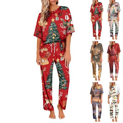 Women's Ice Silk Satin Christmas Print Pajama Set Short Sleeve Shirt And Long Pajama Pants Set Soft Home Clothes