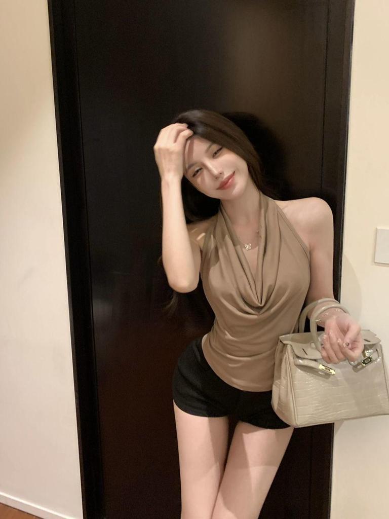 Top Camisola Halter Decote Drapeado Sem Costas Transfronteiriço para Mulheres