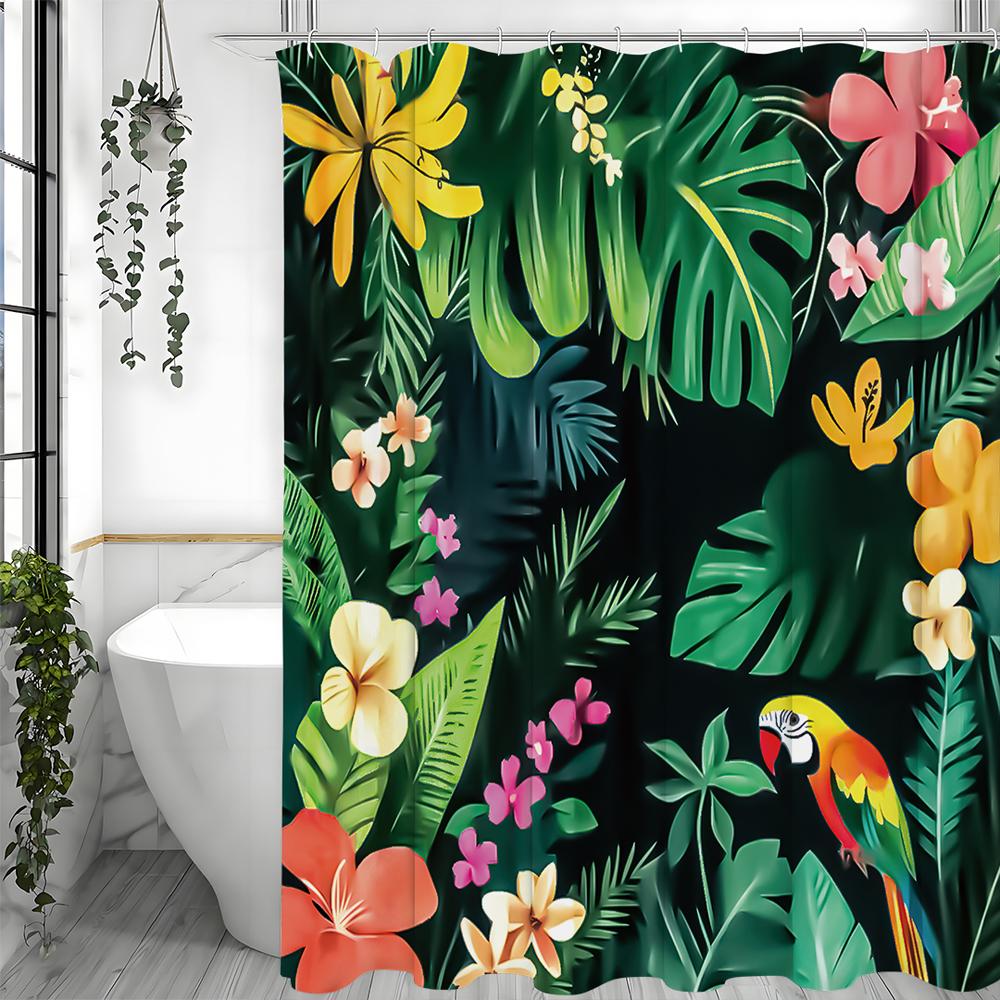 Parrot shower curtain with flowers and leaves, bathroom decorative shower curtain, waterproof shower curtain with hooks