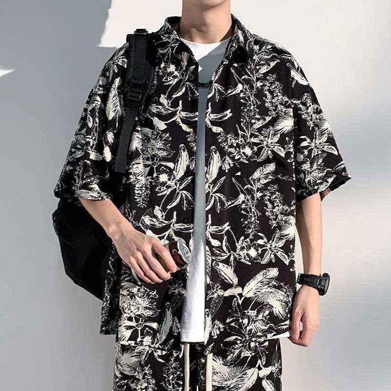 

Новая гавайская рубашка с коротким рукавом и цветочным принтом для пляжа, мужская летняя тонкая из ледяного шелка, для морского отдыха, повседневная 5XL чёрный