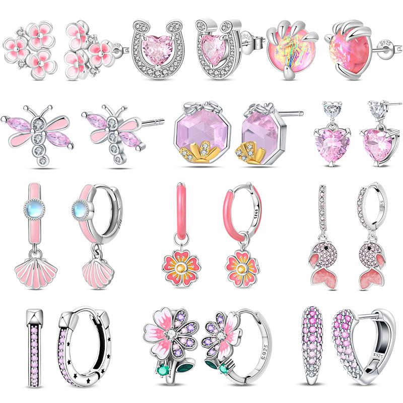 New 925 Silver Sparkling Pink Heart-Shaped Flower Women Earring Brilliant Wedding Engagement Star Earrings Jewelry Gift