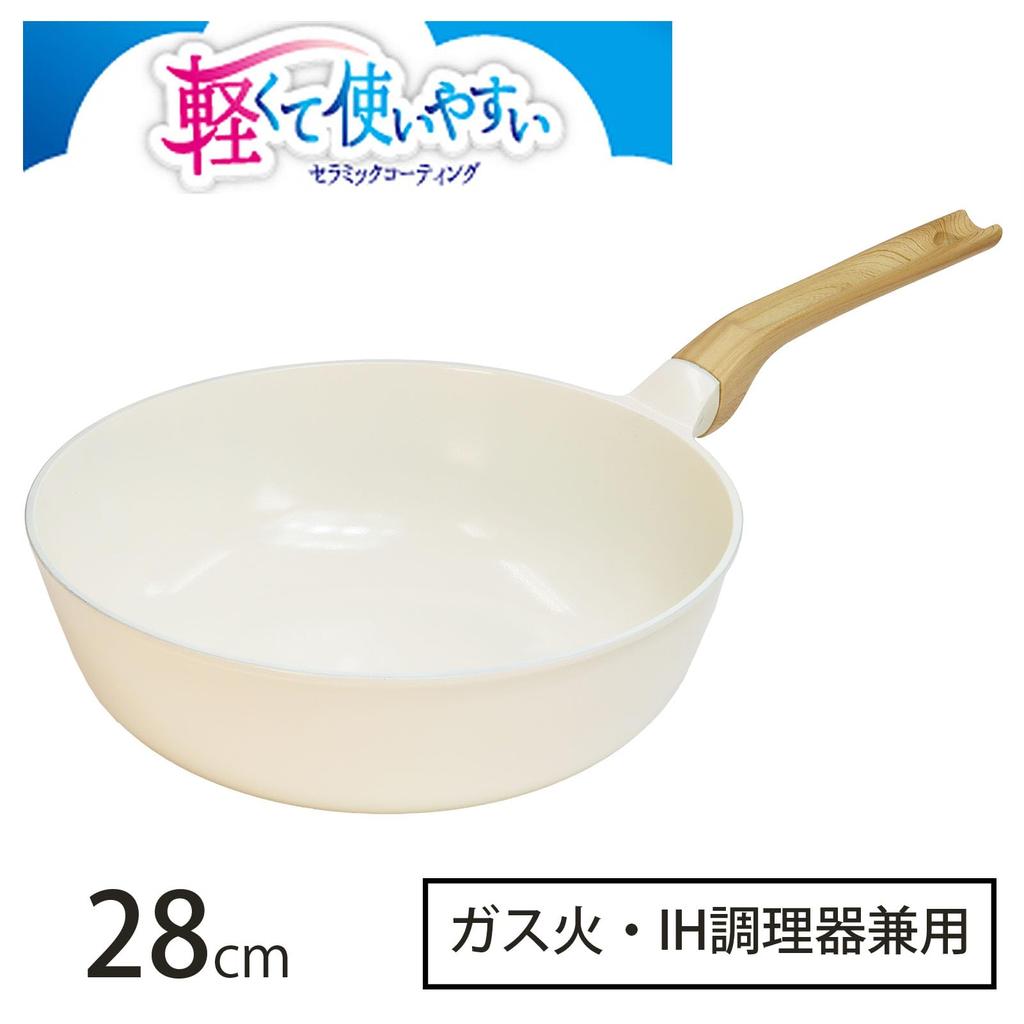 Nansen Japan Super Tiefbraten Leicht und Einfach zu Keramik-Bratpfanne mit Holzgriff und Weißer Oberfläche Pfanne, 28cm, Weiß, Verwendung, Druckguss