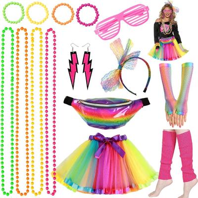 80s Fancy Dress for Women Girls 80s Accessories 70s Party Costume Outfits - Waist Pack Tutu Skirt 4 Layers Headband Leg Warmers Necklace Bracelet