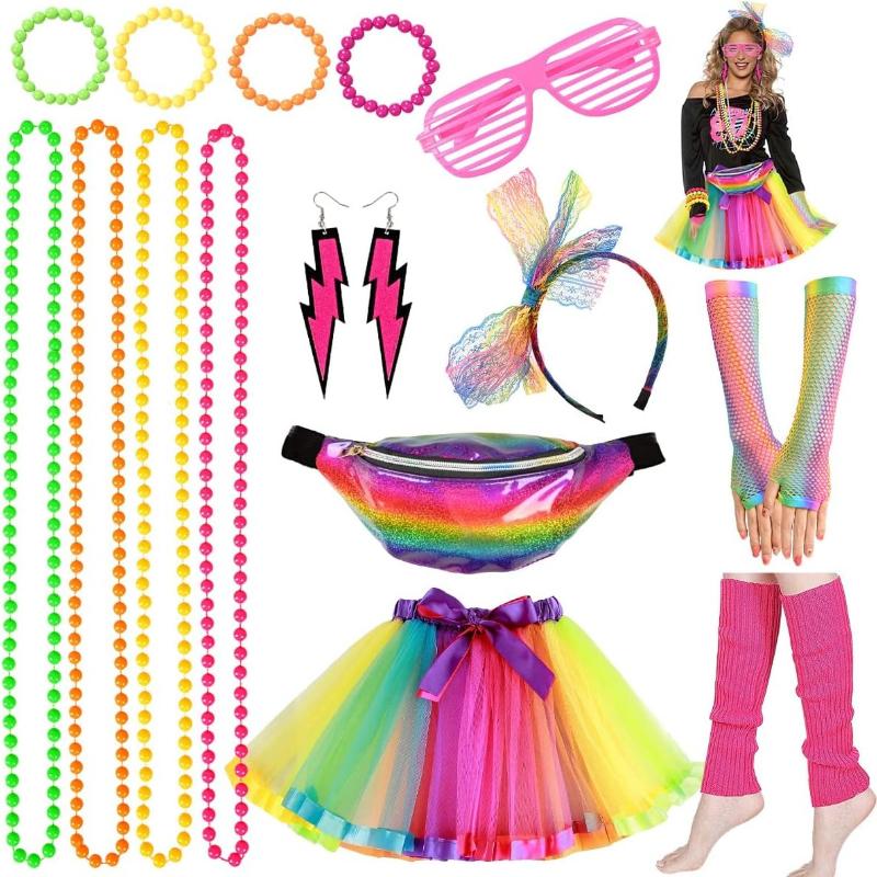 80s Fancy Dress for Women Girls 80s Accessories 70s Party Costume Outfits - Waist Pack Tutu Skirt 4 Layers Headband Leg Warmers Necklace Bracelet