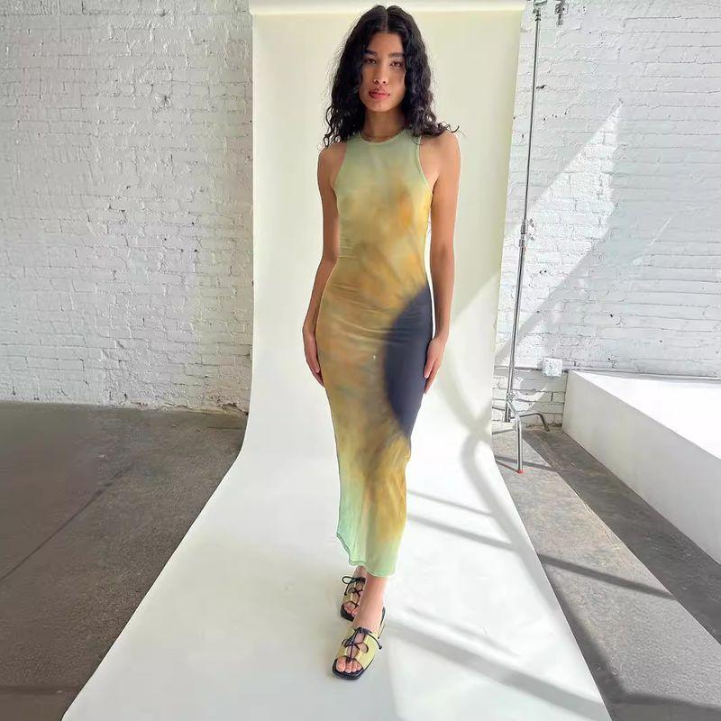 

European and American Foreign Trade Women s Clothing Beautiful New Arrival Cut Out Digital Print Split round-Neck Sheath Silm Sleeveless Dress Women Picture Color XL