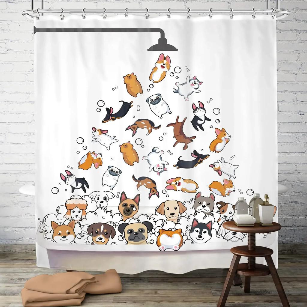 Cats and Dogs Shower Curtain Raining Cartoon Corgi Cute Animal Hilarious Pet Playing Water Polyester Waterproof Bathroom Curtain