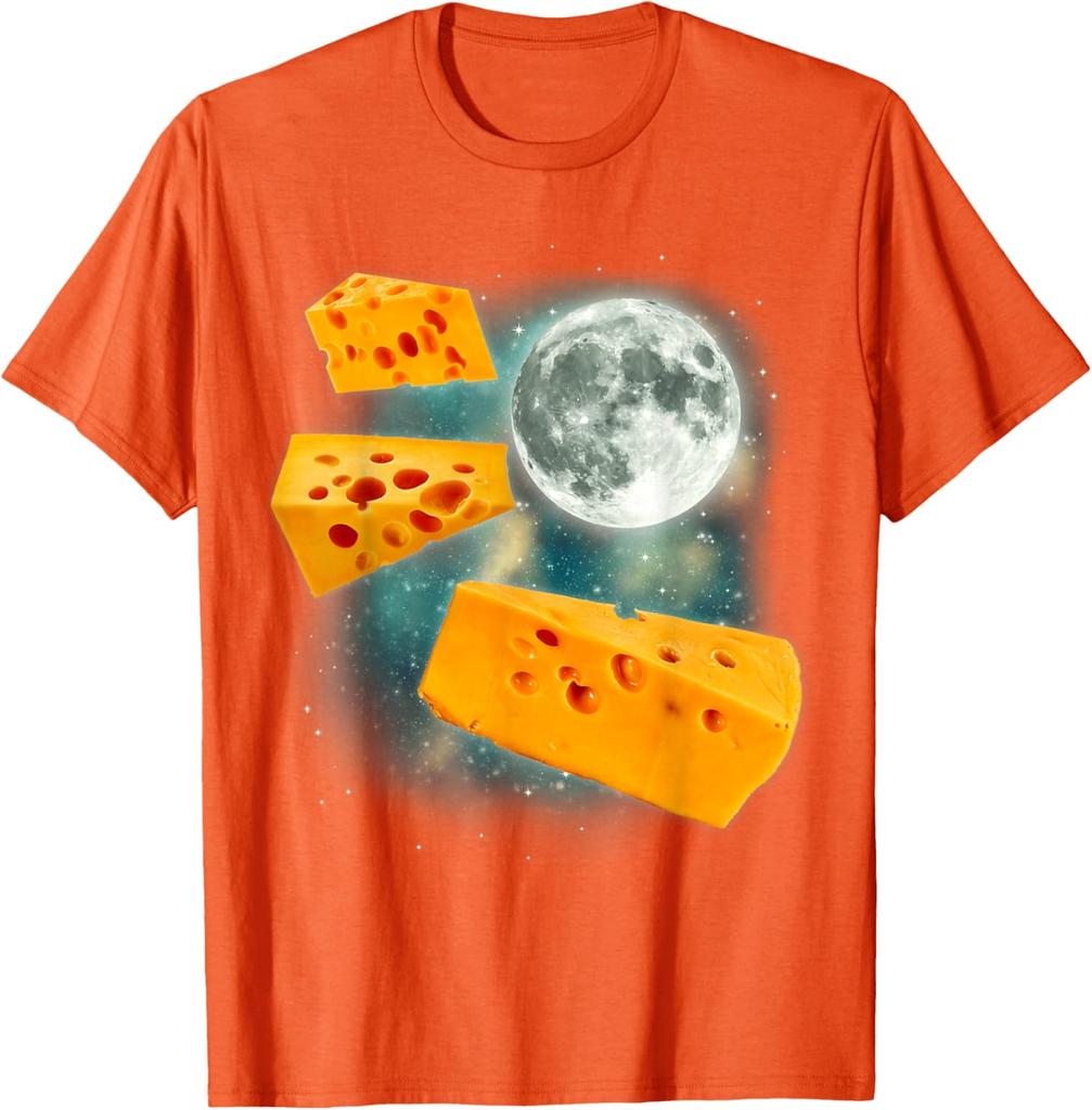 Cheese Moon Flying Cheddar Graphic Tee Men's Casual Cotton Short Sleeve T-Shirt
